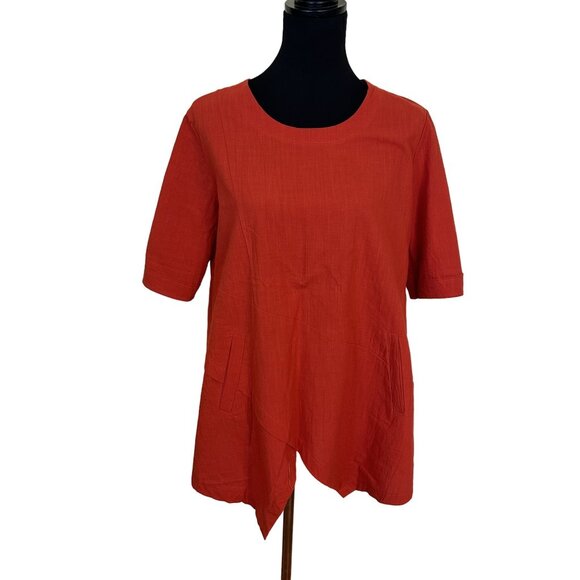 Misslook Womens Red Tunic Top Shirt Asymmetrical Hem Pockets Cotton 3/4 Sleeve - Picture 1 of 11
